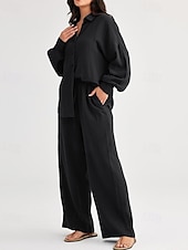 billiga Uppsättningar-Dam Mode Streetwear Skjorta Tvådelade set Byxuppsättningar Långärmad Tröjkrage Ensfärgat Snörning Dagliga kläder Datum Svart Vin Armégrön Vår Normal