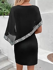 abordables Longueur du thé-Robe Mère de la Mariée Sirène  Trompette Élégante Vintage Simple Col Rond Longueur Thé Chiffon Manches Courtes avec Sequins Robe Midi 2025