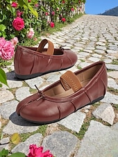 tanie Buty na płaskim obcasie damskie-damskie brązowe płaskie półbuty typu Mary Jane z rozciętym palcem i elastycznym paskiem – skórzane buty retro na codzienne randki i weekendowe wyjścia