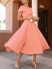 abordables Robes de cocktail-Robes de cocktail en A mariage à la plage robe élégante longueur thé sans manches épaule dénudée invité d&#039;automne tissu extensible avec fente froncée robes Derby 2025