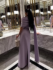 economico viola-Abito da sera elegante, in crêpe elasticizzata con scollo a V, manica corta, lunghezza al pavimento, viola e rosa, con scialle arricciato, 2025