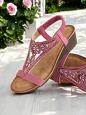 abordables Sandales compensées-Sandales compensées roses à brides en T pour femmes avec strass – Chaussures d'été élégantes pour les garden-parties et au quotidien