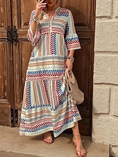 billige Boho-kjoler-Dame Maxikjole Solkjole Kjole med A-linje Fit And Flare Dress Ferie Fritid Bohem utendørs Fest Ut på byen Normal Grafisk Geometrisk Stamme Ermeløs V-hals Rød Blå Grønn Sommer Vår