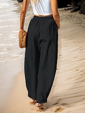cheap Plain Cotton Linen Pant-Women&#039;s Cotton Linen Pants Baggy Pants Solid Color Vintage Fashion Streetwear Full Length High Waist Plain Pocket Elastic Waistband Comfy Soft Comfortable Micro-elastic Outdoor Vacation Street