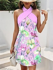 preiswerte Blumenkleider-Damen Minikleid Sommerkleid A Linie Kleid Urlaub Lässig Outdoor Ausgehen Normale Passform Blumen Grafik Ärmellos Neckholder Rosa Blau Grün Sommer