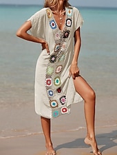 abordables Robes de plage-Maillots de Bain Femme Couverture Robe de Bain Maillot Patchwork Vacances Plage Tenue Couleur Unie Col en V Manches Courtes Maillots de Bain
