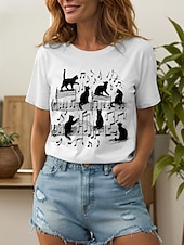 abordables T-shirt Animaux-Femmes T-shirt Graphique Animal Chat ancien Élégant Classique Manche Courte Col ras du cou Col rond Hauts Réguliers Quotidien Week-end Imprimé Noir Blanche Rose Claire Bleu Vert Été Printemps