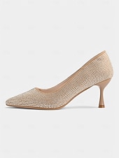 cheap Cocktail-Women&#039;s Champagne Rhinestone Pointed Toe Kitten Heels – Elegant Slip-On Glitter Pumps for Cocktail Parties and Holiday Celebrations