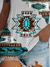 abordables T-shirt Boho-Femmes T-shirt Graphique Géométrique Bohème ancien Western Manche Courte Col en V Hauts Réguliers Quotidien Week-end Blanche Jaune Fuchsia Vert Été