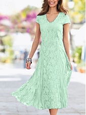 voordelige Thee Lengte-Strandbruiloft Sheath Moeder van de Bruid Jurk Bruiloft Gast Elegant Party Petite V-hals Thee Lengte Kant Korte Mouw met Plissee Effen Kleur gratis maatwerk