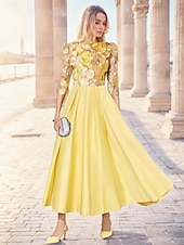 cheap Cocktail Dresses-Floral A-Line Embroidered Yellow Cocktail Dresses Elegant Dress Formal Wedding Ankle Length 3/4 Length Sleeve Illusion Neck Satin with Pocket