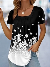 abordables T-shirt floral-Femmes T-shirt Fleuri Graphique ancien Élégant Classique Manche Courte Col carré Hauts Réguliers Quotidien Week-end Imprimé Noir Bleu Orange Vert Été