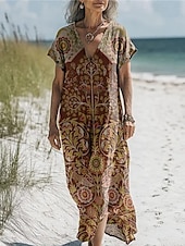 abordables Robes-Femmes Robe Longue Maxi Robe Robes en coton et lin Robe Décontractée Robe bohème Robe occidentale Mode Extérieur Soirée Fête Coupe régulière Fleur Manche Courte Col en V Noir Bleu Violet Marron Été