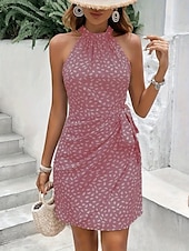 abordables Robes fleuries-Femmes Mini Robe Robe d&#039;été Robe dos nu Occasionnel Quotidien Coupe régulière Graphique À pois Sans manches Col Halter Vert Claire Rose Claire bleu marine Kaki Été
