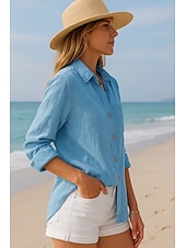abordables Chemises-Femmes Boutonner Chemise en coton et lin Uni Basique Moderne manche longue Col de chemise Hauts Réguliers Quotidien Boutons Blanche Bleu Été