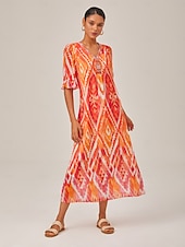 ieftine Rochii florale-Pentru femei Rochie Midi Rochii Midi Portocaliu Manșon scurt Folk Imprimare Primavara vara În V Rochie model S M L