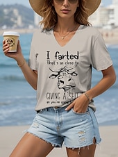 preiswerte Humor &amp; Zitate T-Shirt-Damen T Shirt Grafik Tiermotiv Kuh Vintage Stilvoll Klassisch Kurzarm V Ausschnitt Normale Oberteile Täglich Ausgehen Wochenende Druck Schwarz Weiß Gelb Grün Hellgrau Sommer Frühling