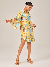 baratos Vestidos Florais-Mulheres Feminino Camisetão Vestido no Joelho Amarelo Manga Longa Folha Animal Árvore Botões Estampado Verão Colarinho de Camisa Férias Lazer XS S M