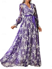 voordelige Onder 129,99 $-A-lijn Moeder van de Bruid Jurk Bloemenprint Casual V-hals Vloer Lengte Chiffon Lange Mouw met Sjerp  Lint Bruiloft Gast Jurk 2025