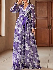 voordelige Onder 129,99 $-A-lijn Moeder van de Bruid Jurk Bloemenprint Casual V-hals Vloer Lengte Chiffon Lange Mouw met Sjerp  Lint Bruiloft Gast Jurk 2025