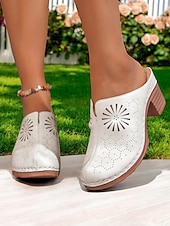 abordables Sabots et mules femme-Chaussures mules à talon carré perforé pour femme – style rétro chic pour les garden-parties, les promenades décontractées et les loisirs en plein air