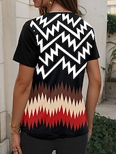 billige Stripe og geometrisk t-skjorte-Dame T skjorte Grafisk Geometrisk Årgang Stilfull Klassisk Kortermet V-hals Vanlige topper Daglig Helg Trykt mønster Svart Sommer Vår