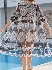 preiswerte Strand Tops-Damen Badeanzug Überwurf Bademode Spitze Patchwork Tropisch Strandbekleidung Einfarbig V-förmiger Draht-Ausschnitt Kurze Ärmel Badeanzüge