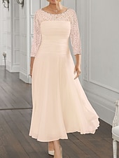voordelige Vloerlengte-Strand Bruiloft A-Lijn Moeder van de Bruid Jurk Bruiloft Gast Elegante Juweel Hals Enkel Lengte Chiffon Kant 3/4 Lange Mouw met Pailletten Ruching 2025 gratis op maat gemaakt
