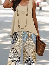 preiswerte Zweiteilige Sets-Frauen Hosen Sets Urlaub Täglich Ärmellos U-Ausschnitt Grafisch Geometrisch Leger Täglich Blau Grün Khaki Sommer Regelmäßiger Schnitt
