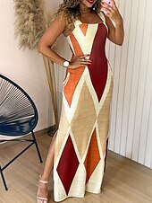 preiswerte Ausgefallene Kleider-Damen Langes Kleid Maxikleid Sommerkleid Unterkleid Druckkleid Elegant Täglich Ausgehen Sommerkleid Normale Passform Geometrisch Farbblock Ärmellos Quadrathals Gelb Leicht Braun Purpur Braun Sommer