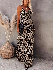preiswerte Streifen- und geometrische Kleider-Damen Maxikleid A Linie Kleid Unterkleid Urlaub Lässig Boho Outdoor Ausgehen Strand Standard Passform Grafik Geometrisch Ärmellos Spaghettiträger Weiß Leicht Braun Blau Grau Sommer