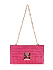 preiswerte Umhängetaschen-Damen-Umhängetasche aus gewebtem Stroh mit goldenem Kettenriemen – elegante Sommer-Clutch für Strand-, Urlaubs- und Resort-Outfits