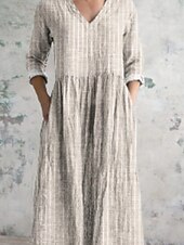 levne Šaty-Dámské Midi šaty Bavlněné plátěné šaty Boho šaty Klasické Venkovní Dovolená Běžný Proužky Dlouhý rukáv Do V Černá Meruňková Léto