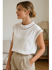 preiswerte Hemden-Damen Baumwoll-Leinen-Hemd Einfach Stilvoll Modern Kurzarm Rollkragen Normale Oberteile Täglich Ferien Lochmuster Weiß Sommer
