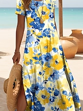 preiswerte Blumenkleider-Damen Midikleid Sommerkleid A Linie Kleid Urlaub Lässig Strand Täglich Ausgehen Normale Passform Blumen Grafik Kurzarm Rundhalsausschnitt Gelb Rosa Blau Purpur Sommer