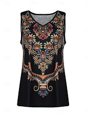 abordables Boutique Graphique Débardeurs &amp; Camis-Femmes Débardeur caraco Graphique Bohème ancien Quotidien Sans manches Col en V Hauts Réguliers Quotidien Imprimé Noir Vert Été