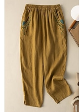 abordables Fondos Falsos Esenciales-Mujer Algodón Compuesto Lino de algodón sintético pantalones Pantalones de verano Ropa de calle Casual Hasta el Tobillo Cintura Media Floral Bordado Bolsillo Cintura elástica Confortable Cómodo