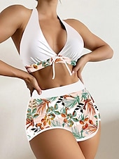preiswerte Bikini-Sets-Womens Badeanzüge Bikini 2 Teile Shorts Badeanzug Rückenfrei Schlank Urlaub Strandmode Floral Halterhals Ärmellos Badeanzüge