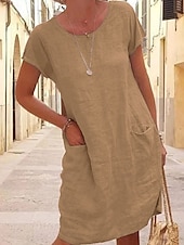cheap Design Cotton &amp; Linen Dresses-Women&#039;s Mini Dress Cotton Linen Dresses Casual Dress T Shirt Dress Tee Dress Basic Casual Vacation Daily Regular Fit Plain Short Sleeve Crew Neck Black Blue Khaki Gray Summer