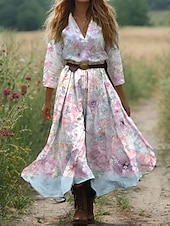 economico Abiti floreali-Per donna Abito Midi Abito a trapezio Vacanza Casual Boho All&#039;aperto Uscire Spiaggia Vestibilità comoda Floreale Grafico Manica 3/4 Scollo a V Rosa Blu Arancione Verde Estate