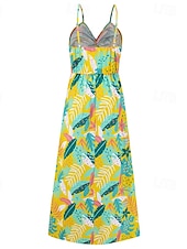 abordables Robes Floraux Imprimés-Femmes Robe Midi Robe d&#039;été Robe Nuisette Robe bohème Mode Moderne Quotidien Plage Week-end Coupe régulière Fleuri Sans manches Col en V Jaune clair Jaune Bleu Violet Été