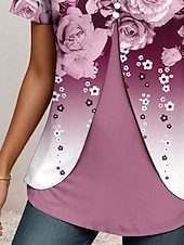 preiswerte Blumen-T-Shirt-Damen T Shirt Ombre Blumen Grafik Elegant Vintage Stilvoll Kurzarm Rundhalsausschnitt Rundhals Normale Oberteile Täglich Ausgehen Patchwork Knöpfe Gestuft Staubiges Blau Fuchsie Sommer Frühling