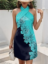 preiswerte Blumenkleider-Damen Minikleid Sommerkleid A Linie Kleid Halterkleid Urlaub Lässig Ausgehen Normale Passform Blumen Grafik Ärmellos V Ausschnitt Schwarz Weiß Blau Grün Sommer