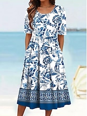 tanie Sukienka boho-Damskie Sukienka midi Letnie sukienki Plisowana sukienka Urlop Codzienny Styl plażowy Codzienny Święto Regularny Kwiaty Graficzny W Tureckie Wzory Krótki rękaw Półgolf Niebieski Pomarańczowy Zielony