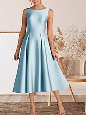 abordables Robes de cocktail-Robe cocktail A-Line élégante robe de retour à la maison cocktail party longueur thé sans manches col rond satin avec plis