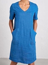 abordables concevoir des robes en coton et lin-Femmes Mini Robe Robe d&#039;été Occasionnel Quotidien Uni Manche Courte Col en V Noir Jaune Bleu Vert Été