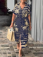abordables Robe Fleurie-Femmes Robe maxi Robe trapèze Robe d&#039;été Occasionnel Quotidien Coupe régulière Fleuri Graphique Rayé Manche Courte Col en V Noir Blanche Jaune bleu marine Été