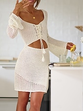 abordables Robes de plage-Maillots de bain pour femmes jupe de couverture maillot de bain découpé vacances plage vêtements couleur unie à col en V manches longues maillots de bain