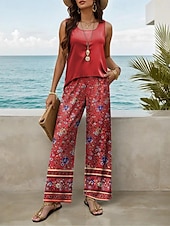 cheap Two Piece Sets-Women&#039;s Pants Sets Vacation Fashion Daily  Sleeveless Round Neck U Neck Floral Graphic Casual Daily Weekend Red Blue Purple Summer Regular Fit