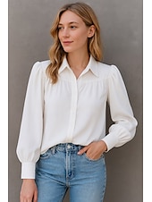 cheap Lace Tops-Women&#039;s Shirt Plain Basic Modern Long Sleeve Shirt Collar Regular Tops Daily Holiday Buttons White Summer